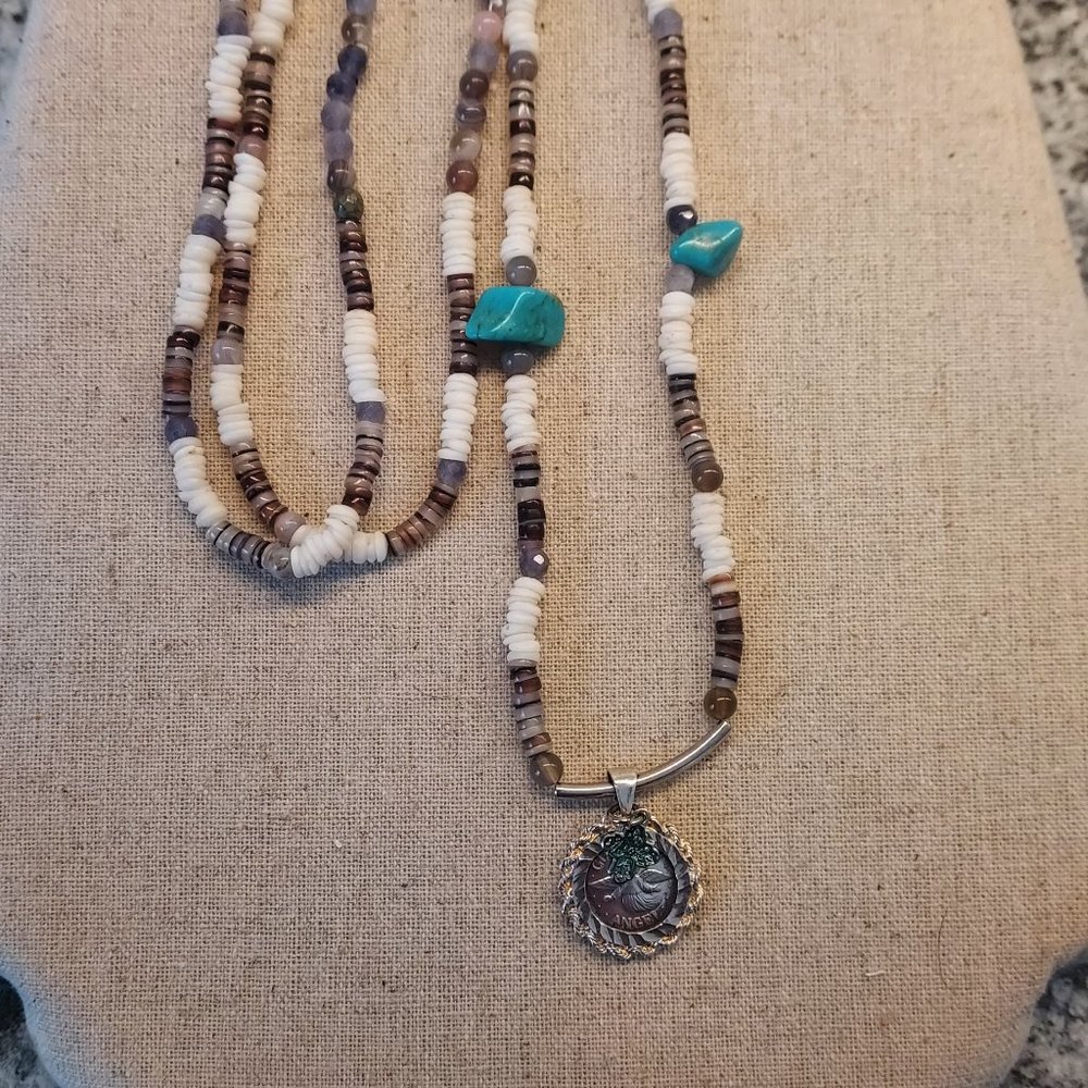 Sterling .999 My Guardian Angel Necklace w/ Enamel Cross Heishi 36" Long